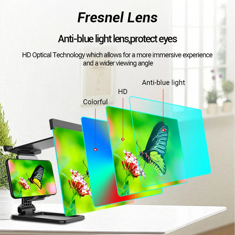 Black 12-inch curved mobile phone screen amplifier with detachable holder, shown folded and unfolded.