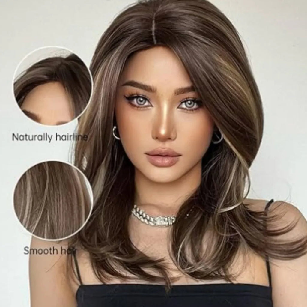 Mid-length curly gradient colour wig in high-temperature fibre on a stand.
