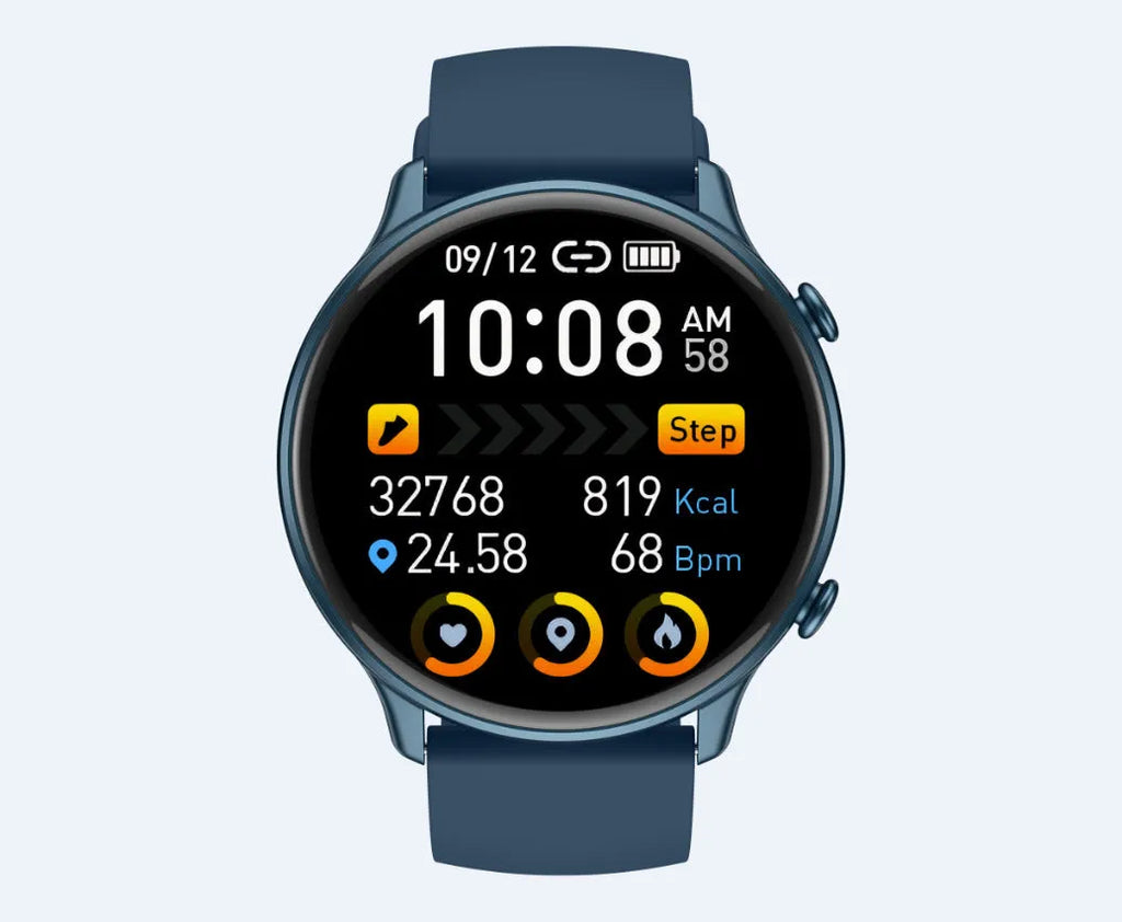 Round smart sports watch with touch screen display and silicone wrist strap for heart rate and sleep monitoring