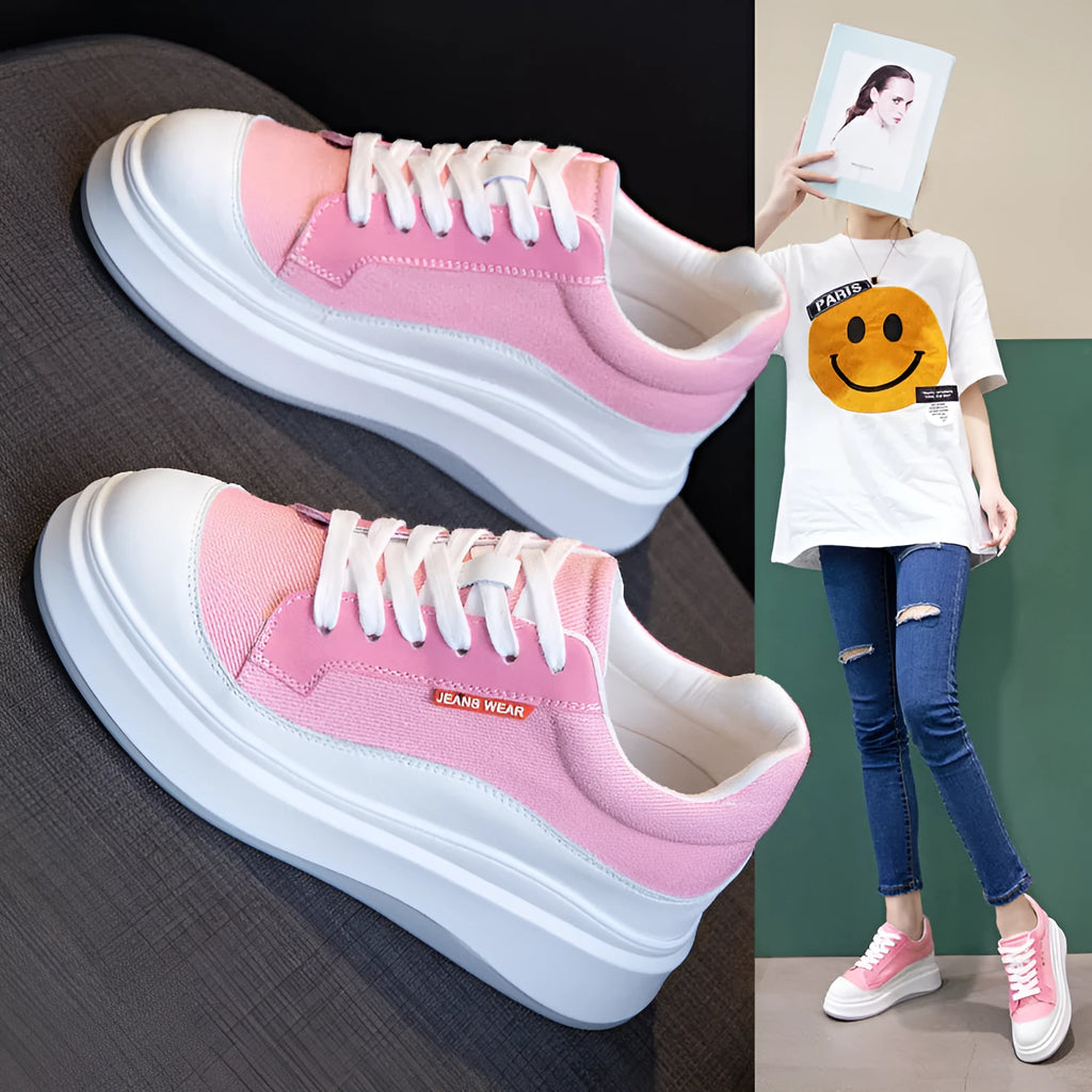 Women's beige leather casual shoes with thick flat soles showing side profile