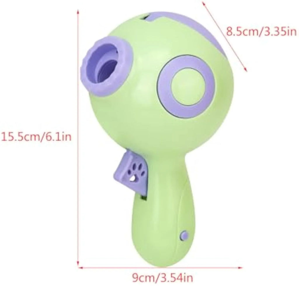 Green, orange, and pink coloured dog treat launcher toy with food dispenser