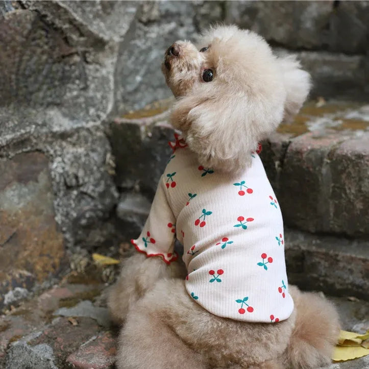 Cotton cherry print wavy edge lapel dog top in blue, white, or pink, two-legged pet clothing