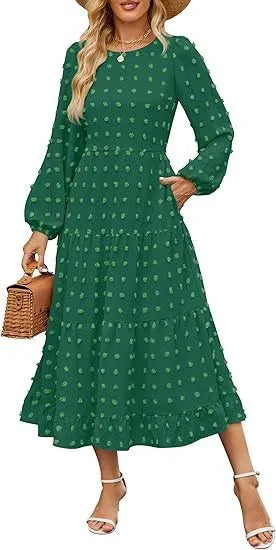 Long sleeve casual dress with ruffle sleeves and high waist in solid colour.