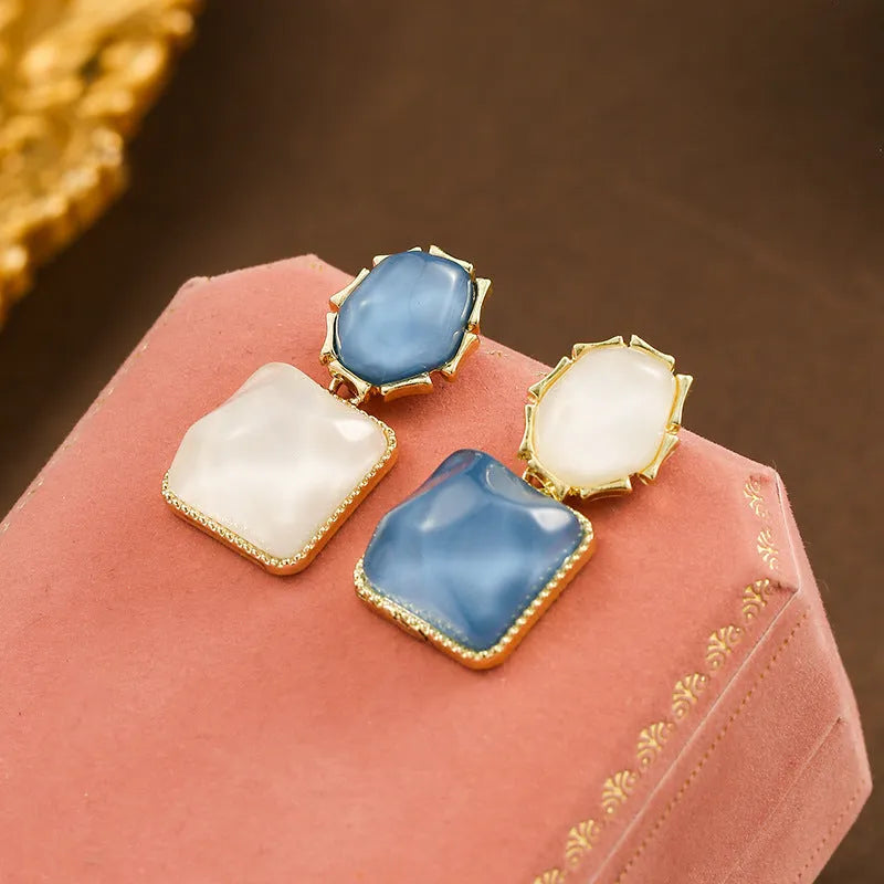Contrast colour water ripple geometric square earrings in light blue, electroplated alloy, side view