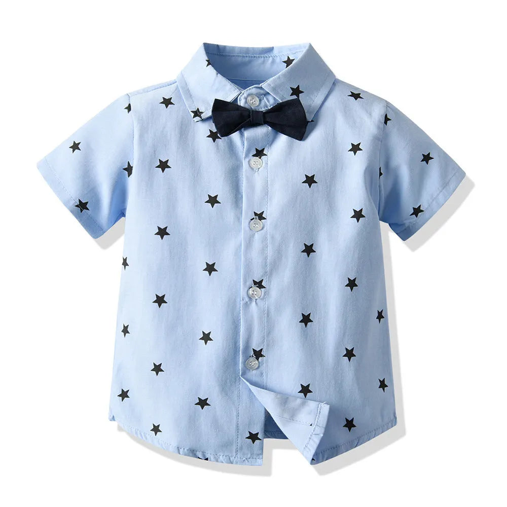 Light blue cotton three-piece children's suit with waistcoat, short sleeve shirt, and shorts for boys