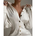Women's printed long sleeve shirt with waist-controlled fastener decoration, button detail, art retro style, in khaki, blue, black or white.