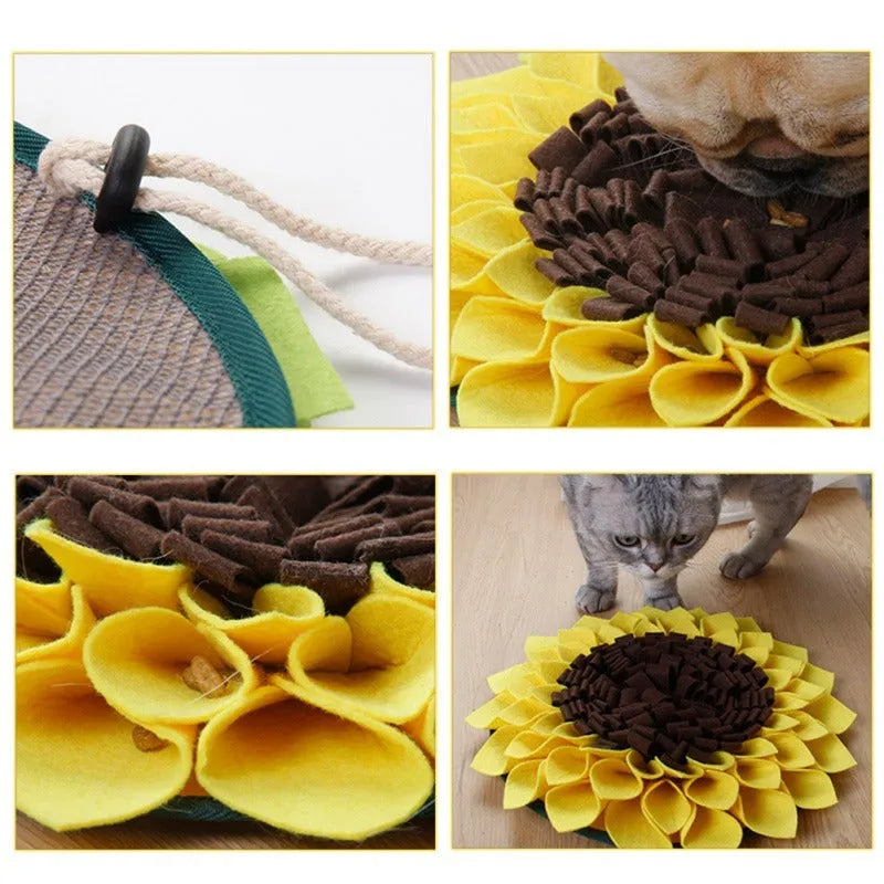 Yellow sunflower-shaped dog snuffle mat with rope attachment for nosework training