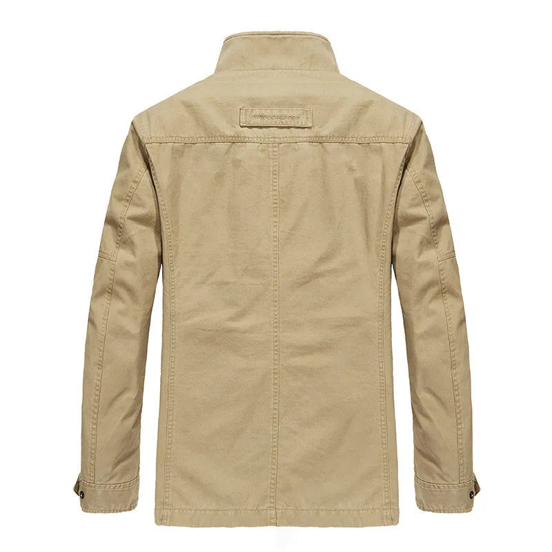 Men's mid-length loose cotton washed jacket in khaki with long sleeves and top stitching pockets