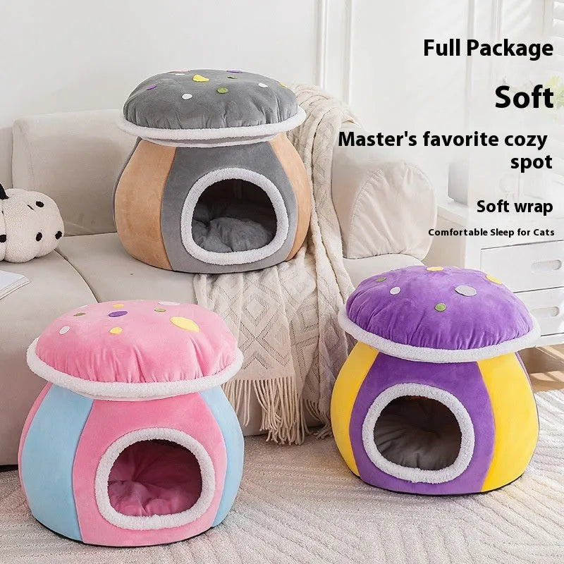 Mushroom-shaped plush cat nest bed in grey, pink or purple colours showing thermal texture