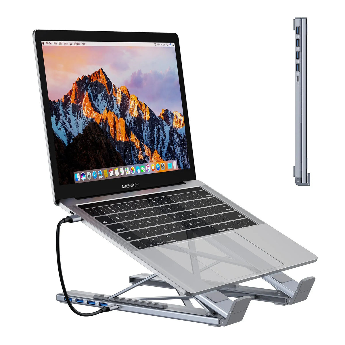 Aluminium alloy folding laptop docking station and multi-port hub stand on a desk