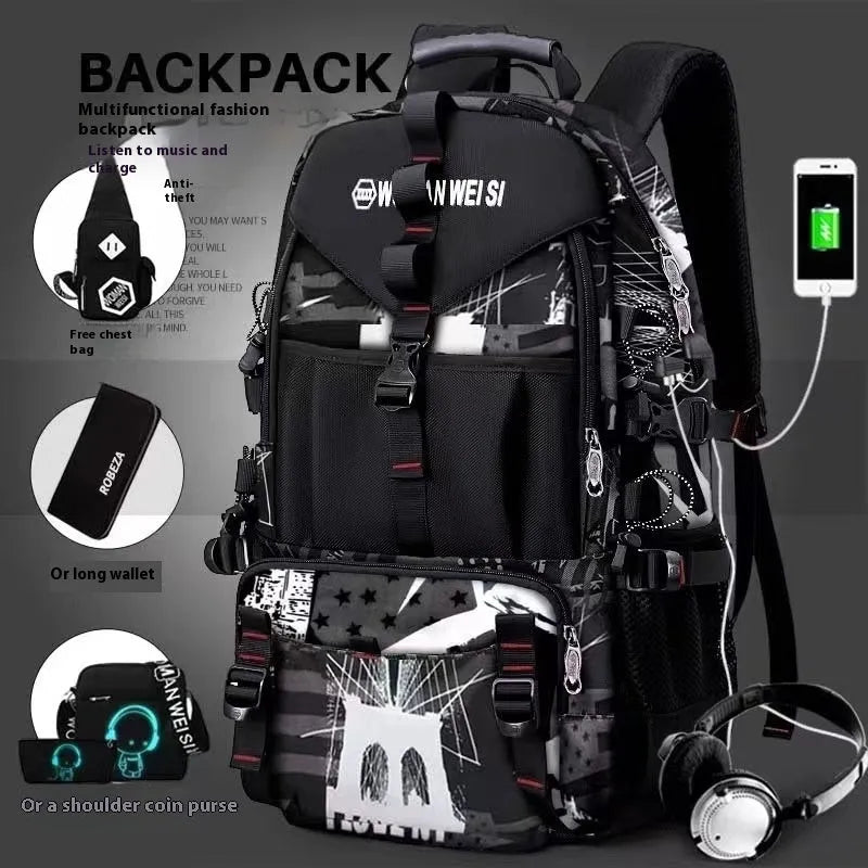 Men's waterproof Oxford cloth hiking backpack in black with multiple compartments and adjustable straps