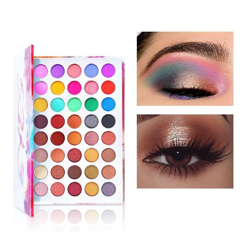 Shimmer matte eye shadow palette with eight shades including purple, blue, black, sky blue, caramel, watermelon red, cameo brown, and peacock blue