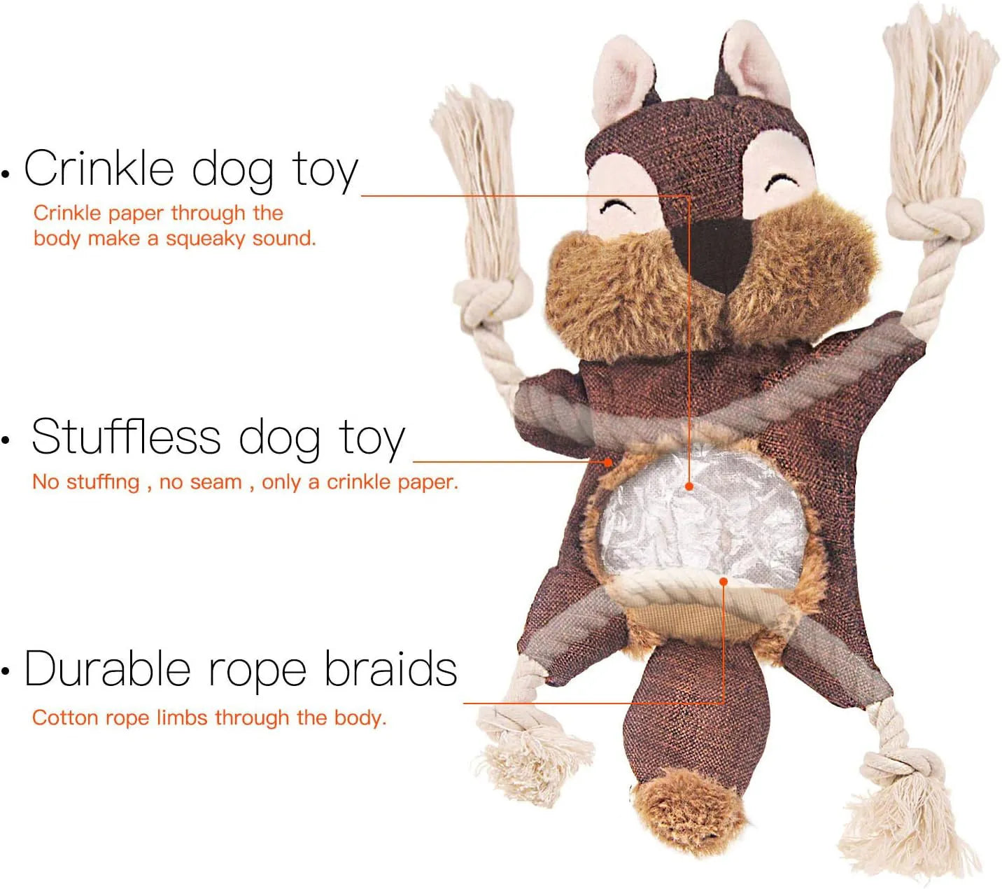 Brown plush fox dog toy with cotton rope limbs and embroidered eyes on a white background.