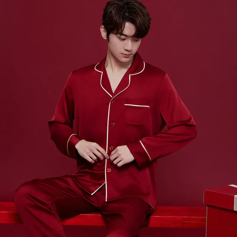 Red long sleeve pyjama set for men and women, presented as a wedding dowry gift.