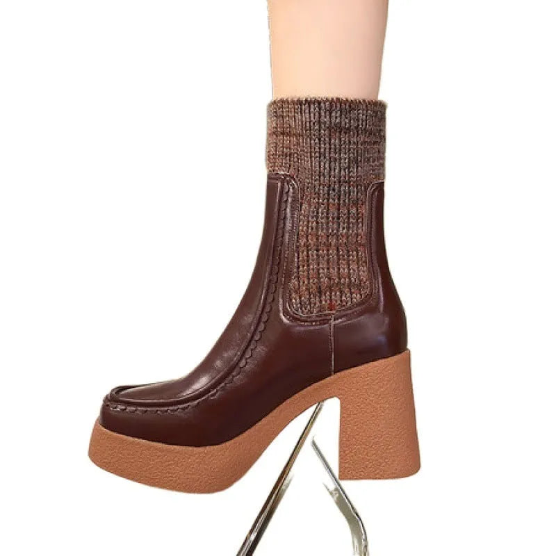 Women's cowhide leather platform Martin boots in solid black, brown or yellow, sizes 34-43