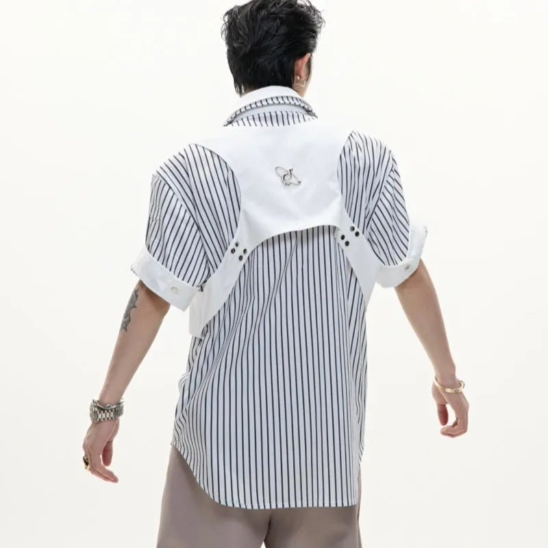 Men's black and white striped cotton shirt with double collar design, short sleeves