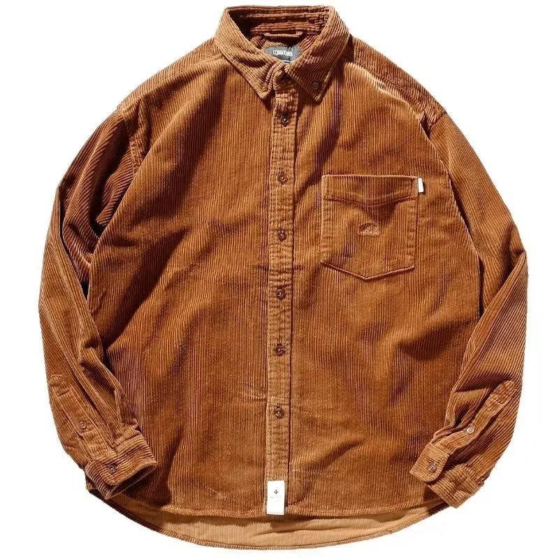 Men's caramel corduroy Japanese style loose cardigan shirt on hanger