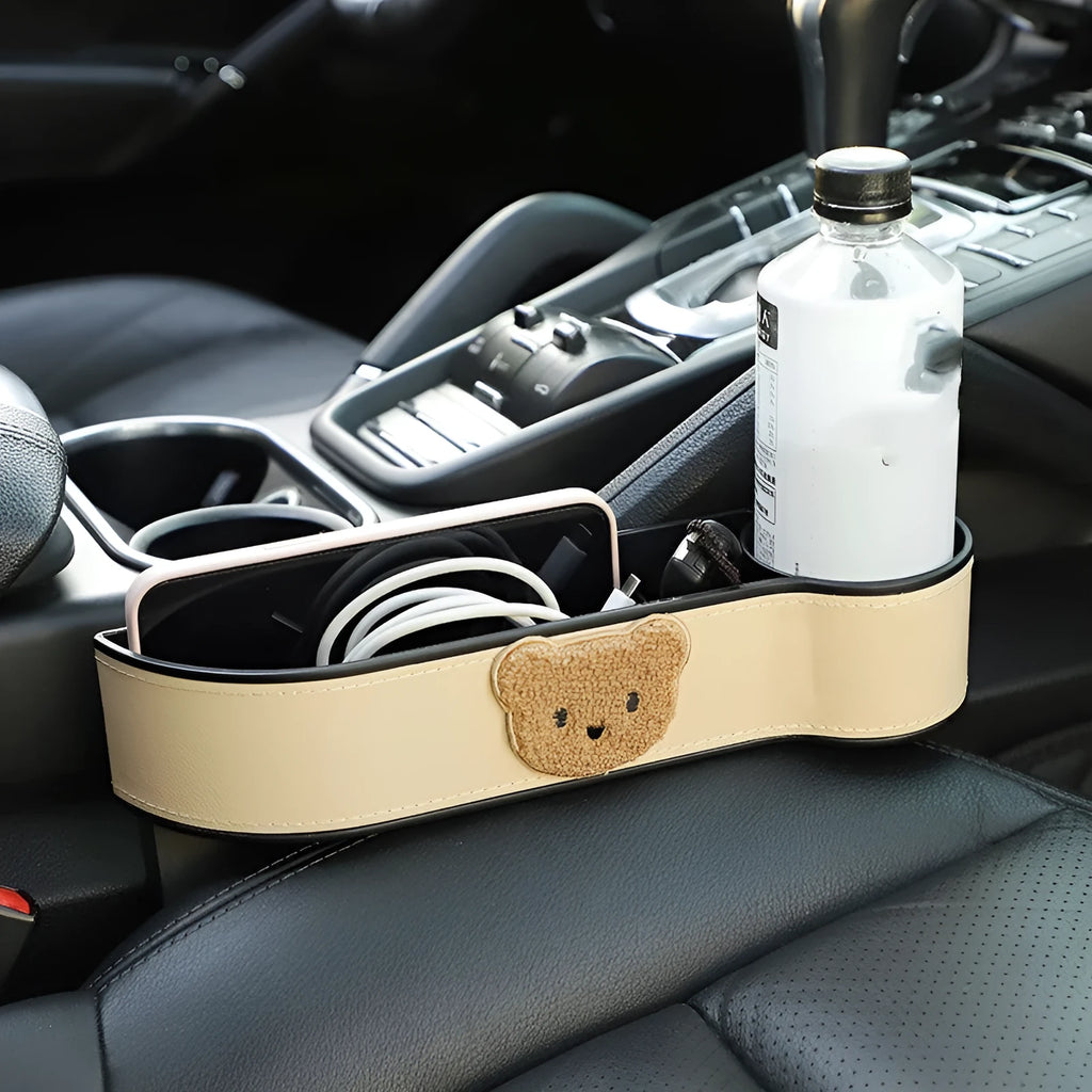 Leather car seat gap storage box with cartoon bear design in black and rice bear colours.