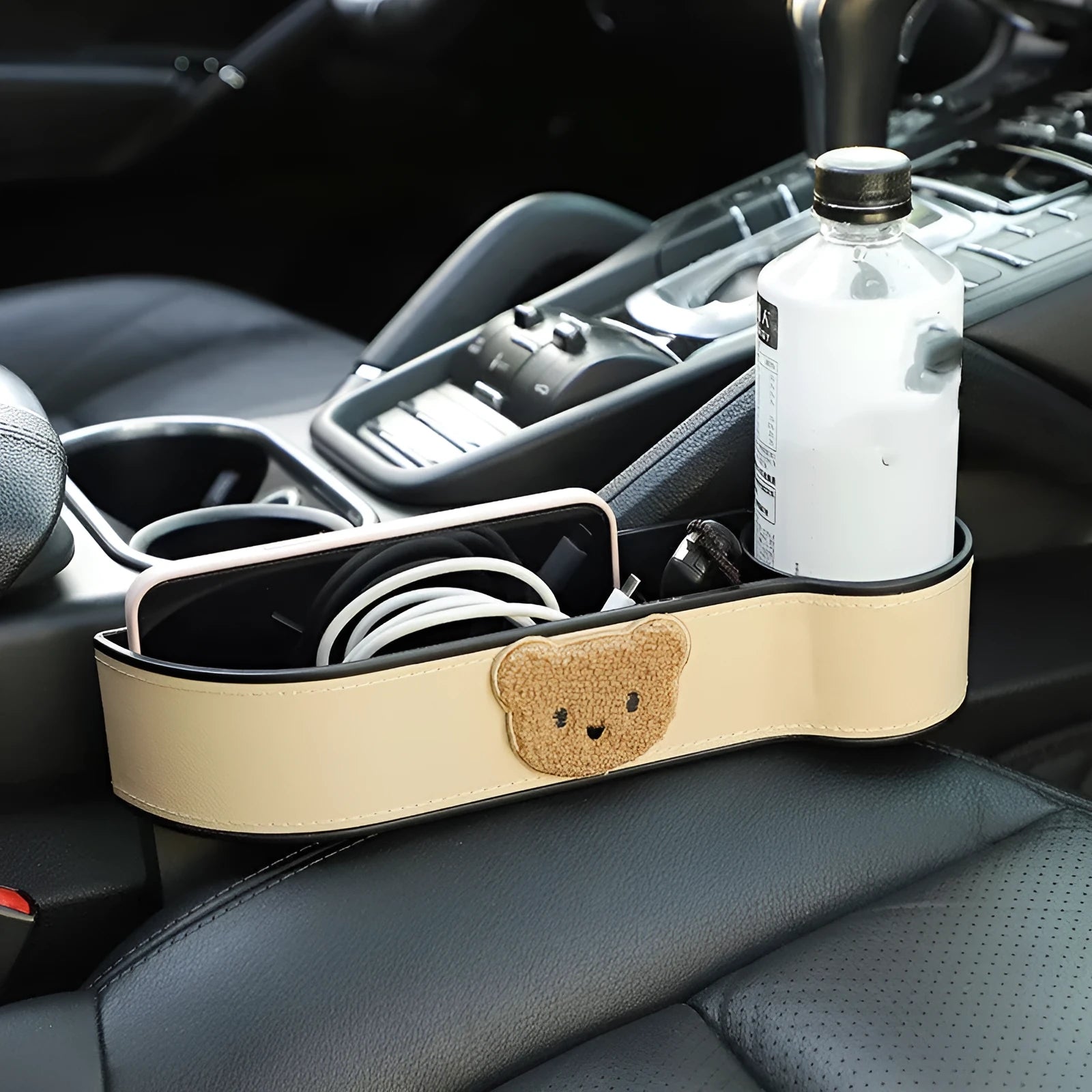 Leather car seat gap storage box with cartoon bear design in black and rice bear colours.
