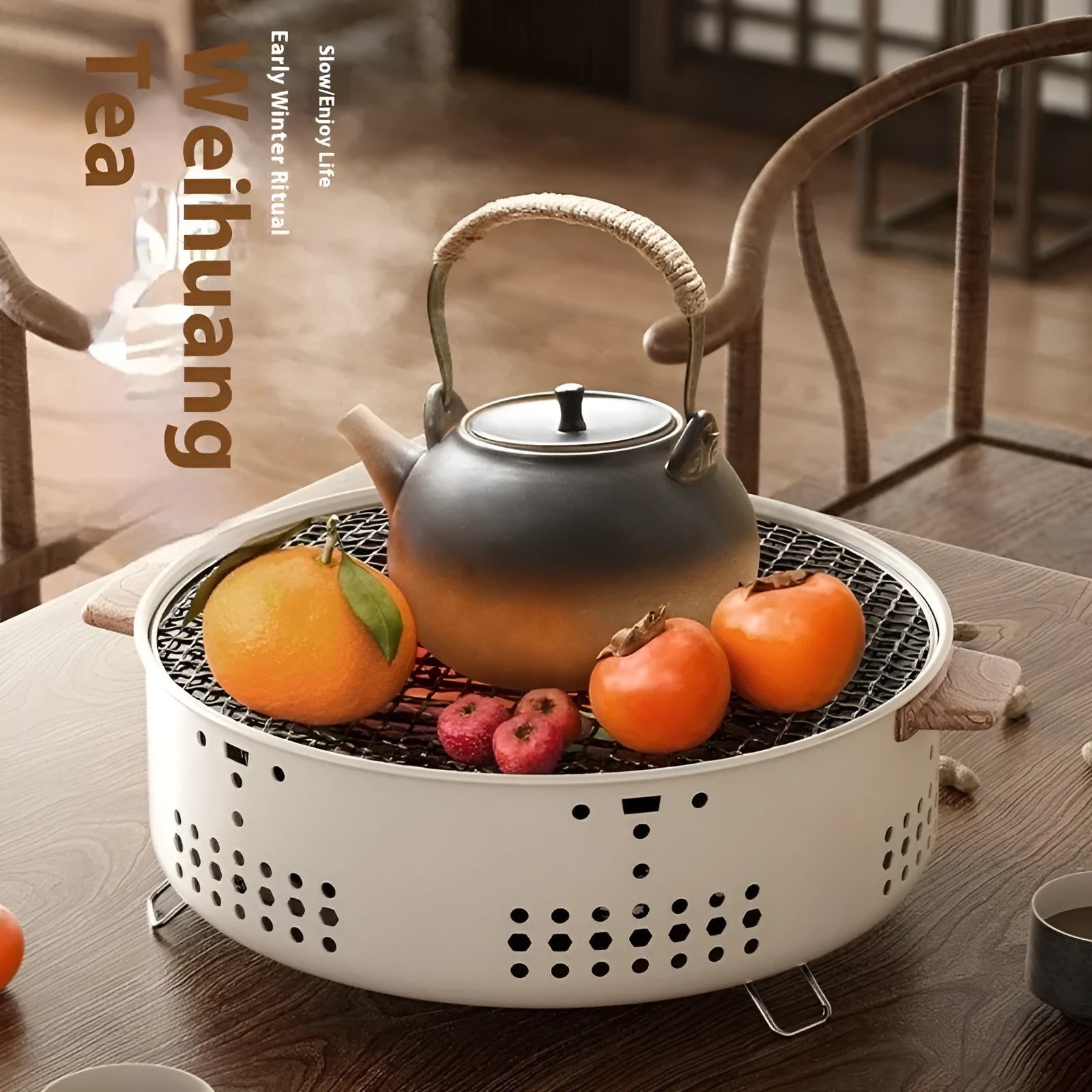 Modern portable charcoal stove with grill rack for indoor cooking and heating
