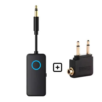 Black Bluetooth 5.4 audio adapter with a 3.5mm aux plug for wireless music streaming.