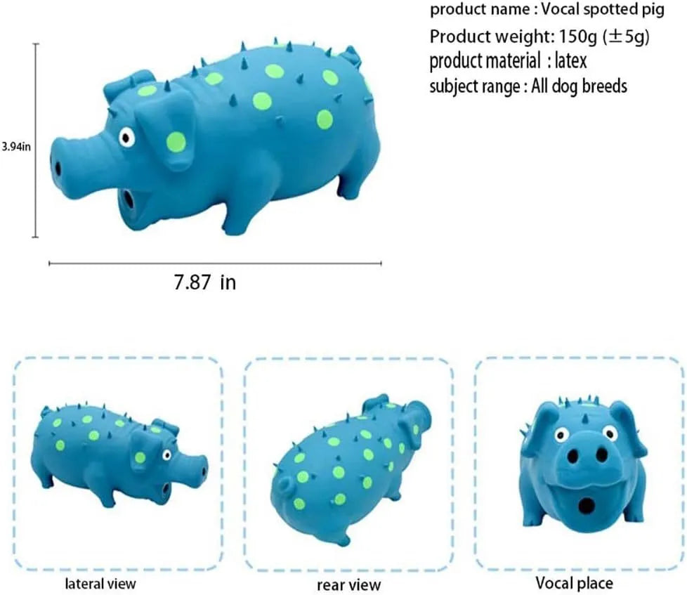 Pig-shaped latex dog chew toy with squeaker in various colours measuring 20x10cm