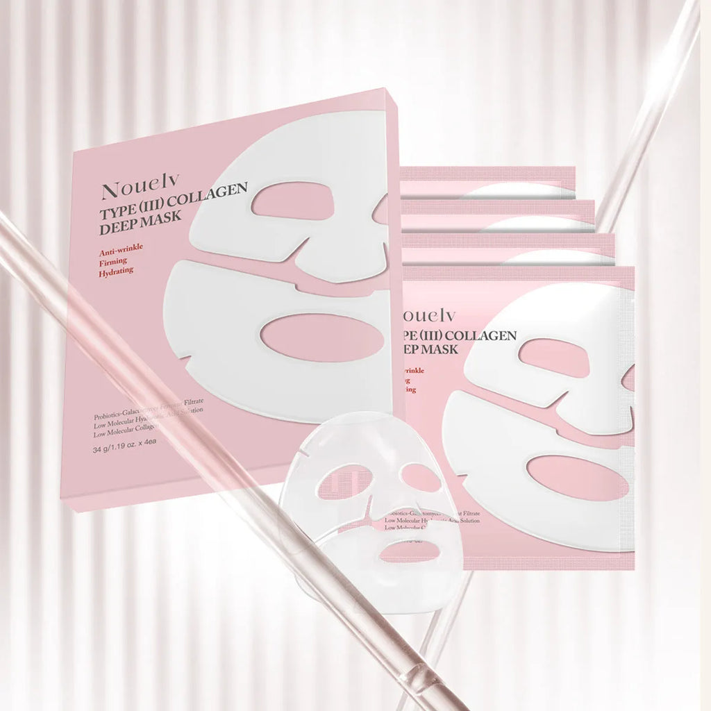 Box containing four individual collagen layered patch sheet masks for facial skincare.