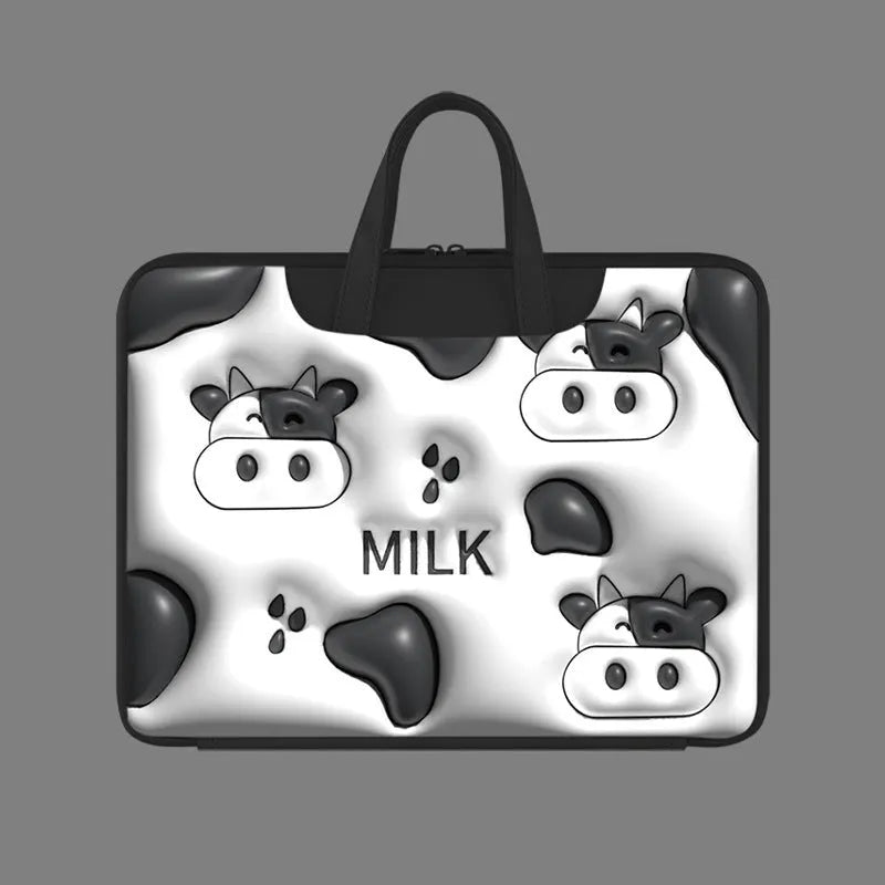 PU leather inflatable laptop bag with strap, shown in a cute character design.