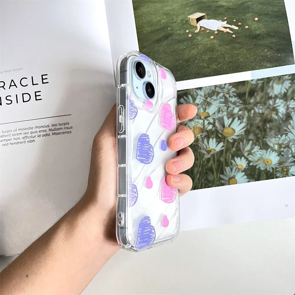 Transparent iPhone case with pink and blue heart design, TPU all-inclusive cover with fall protection and sprayed finish