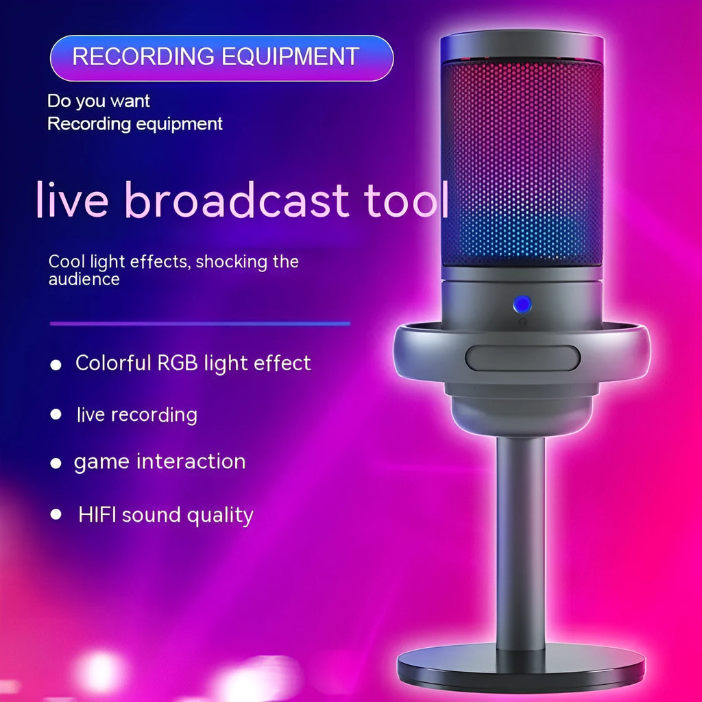 RGB condenser USB microphone in black, white, or pink colour with a 150cm cable.