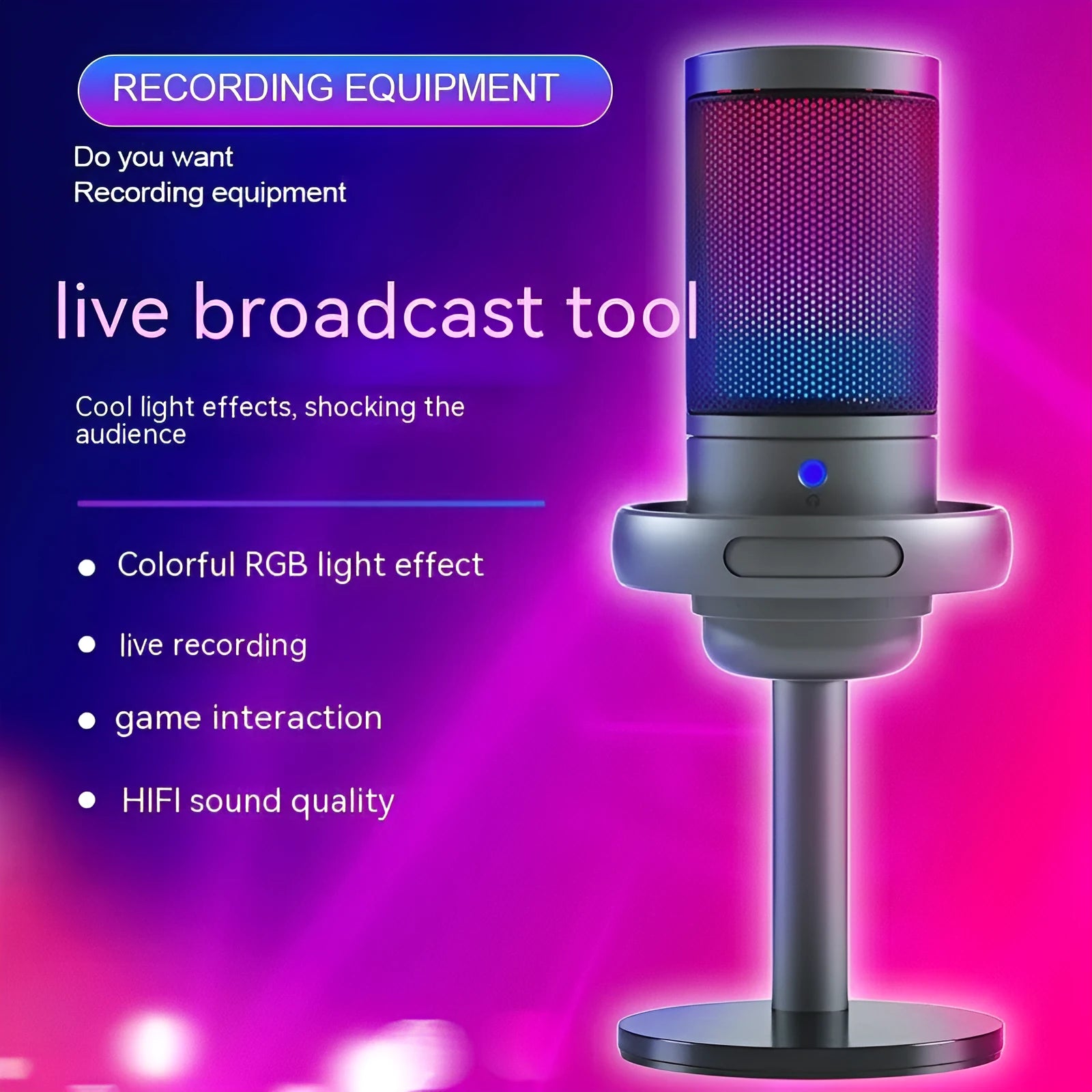 RGB condenser USB microphone in black, white, or pink colour with a 150cm cable.