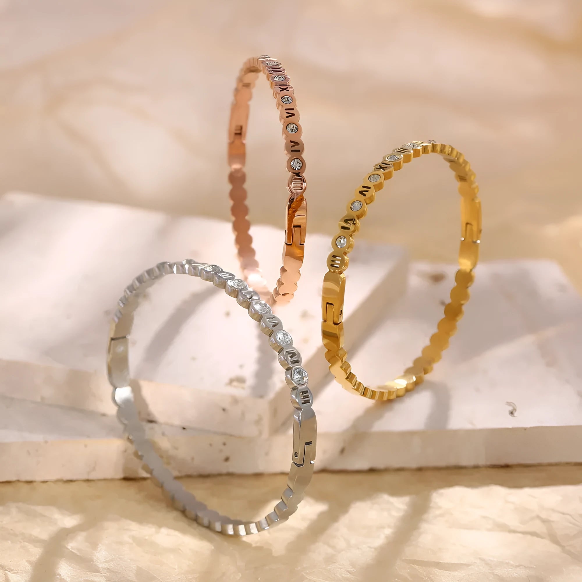 Korean style titanium steel bracelet with numerical elements in gold, rose gold, or steel colour finish