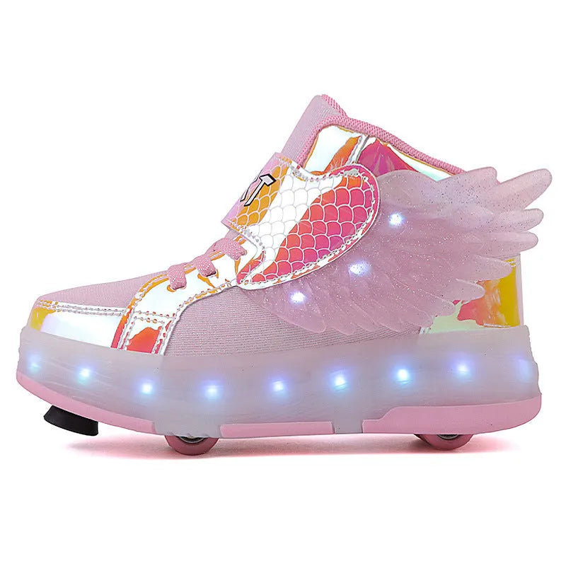 Children's double-wheel roller skates with LED luminous wheels in pink, black, and white, unisex design