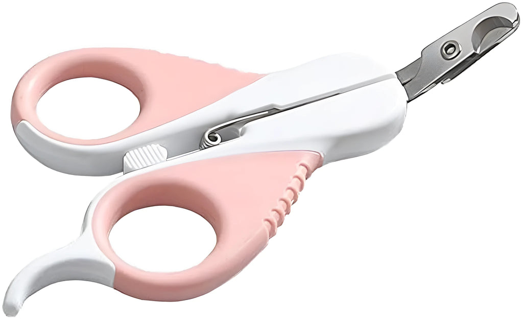 Grey and pink cat nail clippers with angled blade and safety guard for small pets.