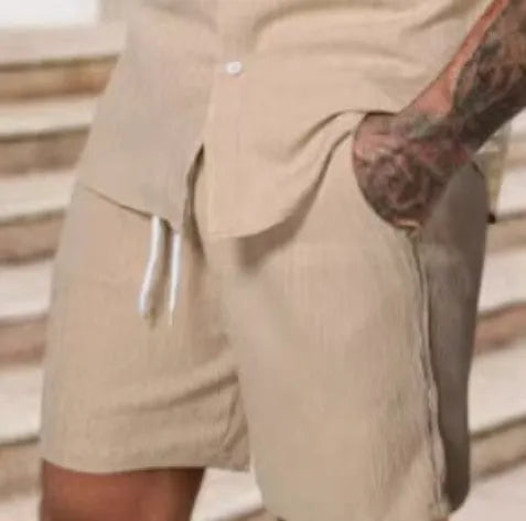 Men's striped print short sleeve shirt and shorts set in polyester, street style spring outfit, sizes S to 5XL