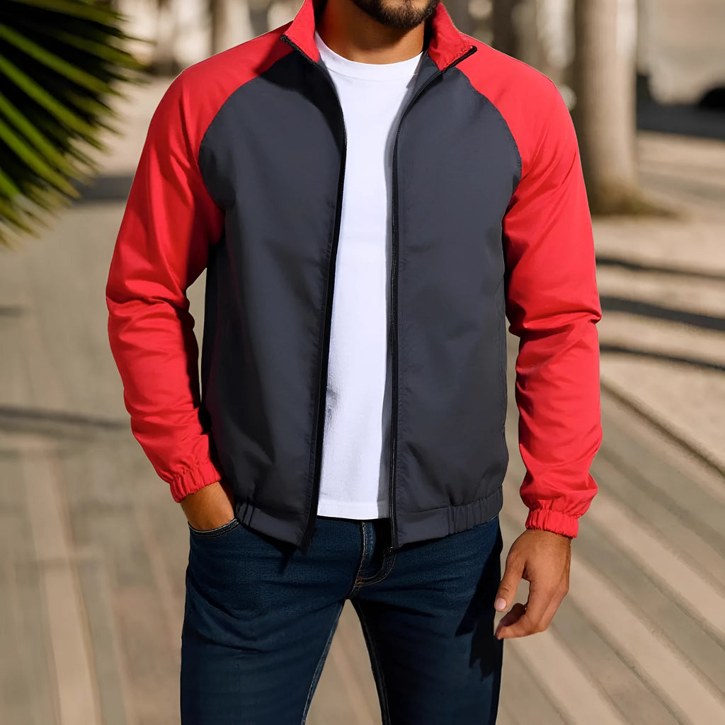 Men's casual jacket with stand collar and contrast colour panels in red, khaki and green, loose fit