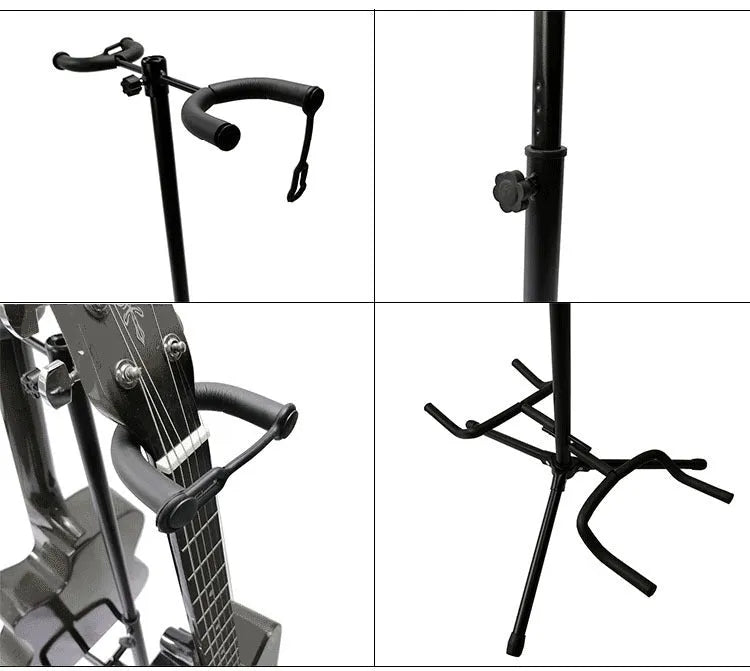 Black iron vertical double-headed folding guitar stand holding two guitars.