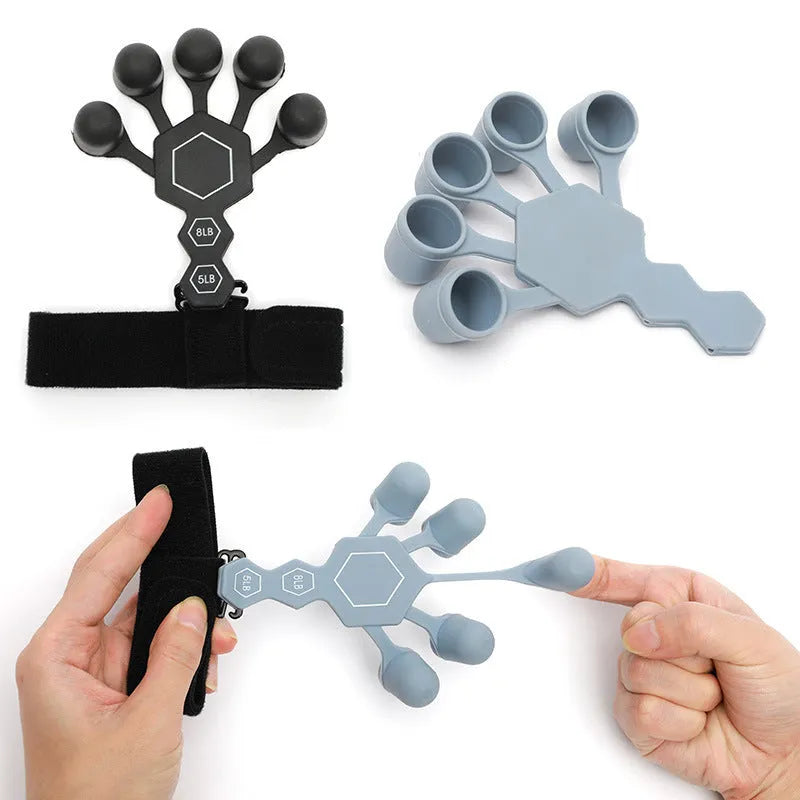 Men's silicone five-finger hand trainer in black or grey for adult grip and rehabilitation training