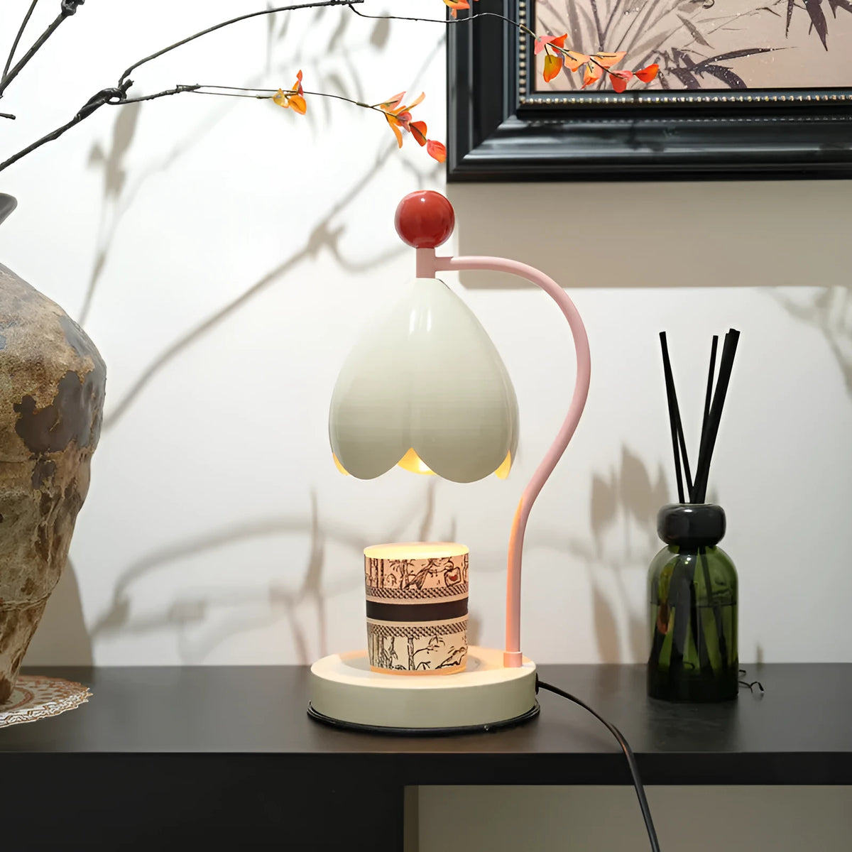 Ancient style melting wax fragrance lamp with metal holder in cream white or dark green