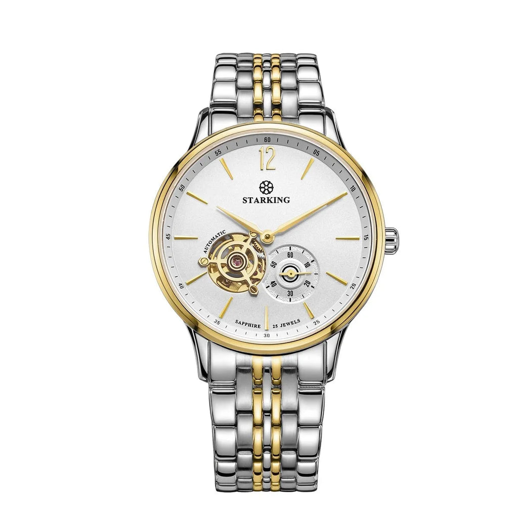Men's automatic mechanical business watch with hollow dial showing three hands, stainless steel case, and brown leather strap