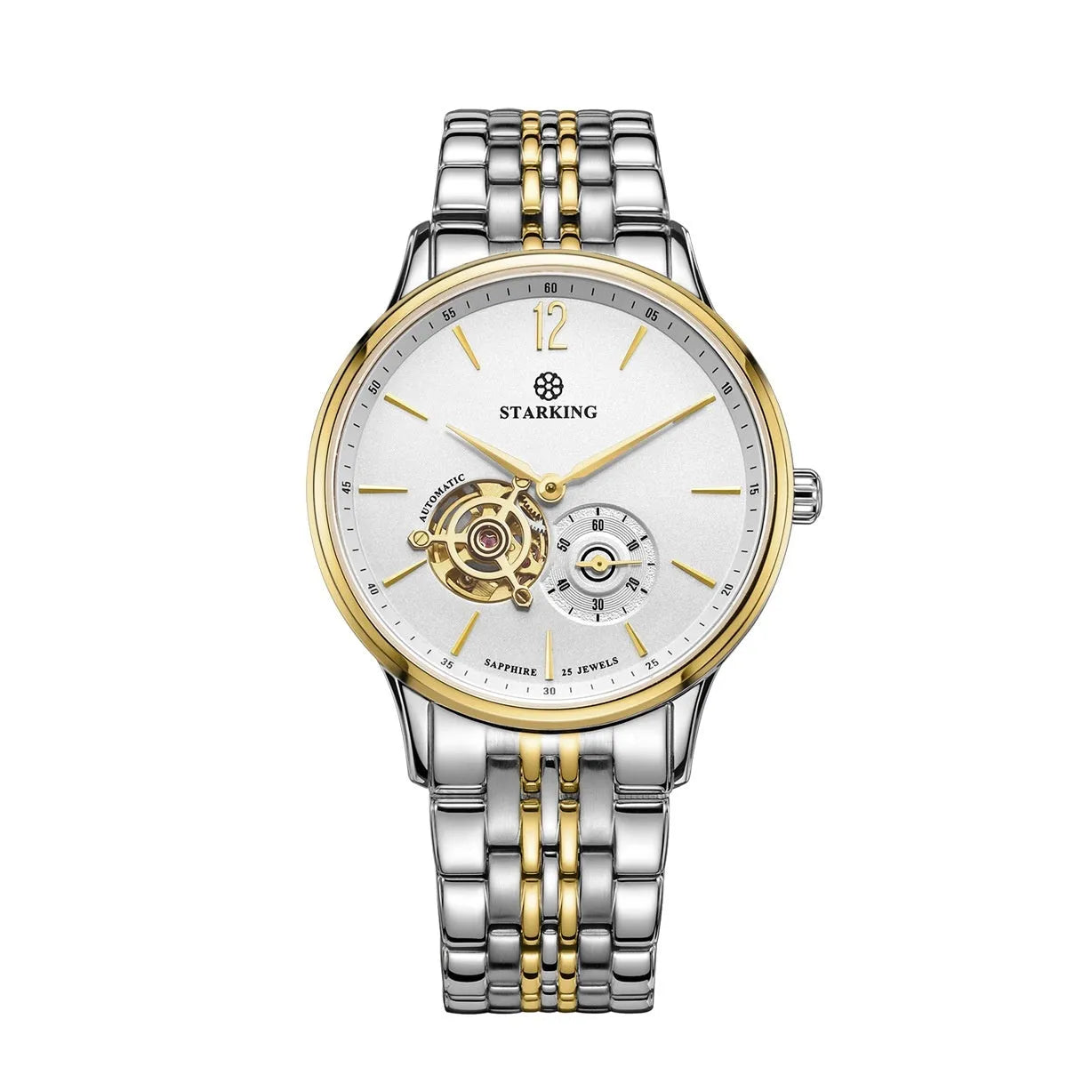 Men's automatic mechanical business watch with hollow dial showing three hands, stainless steel case, and brown leather strap