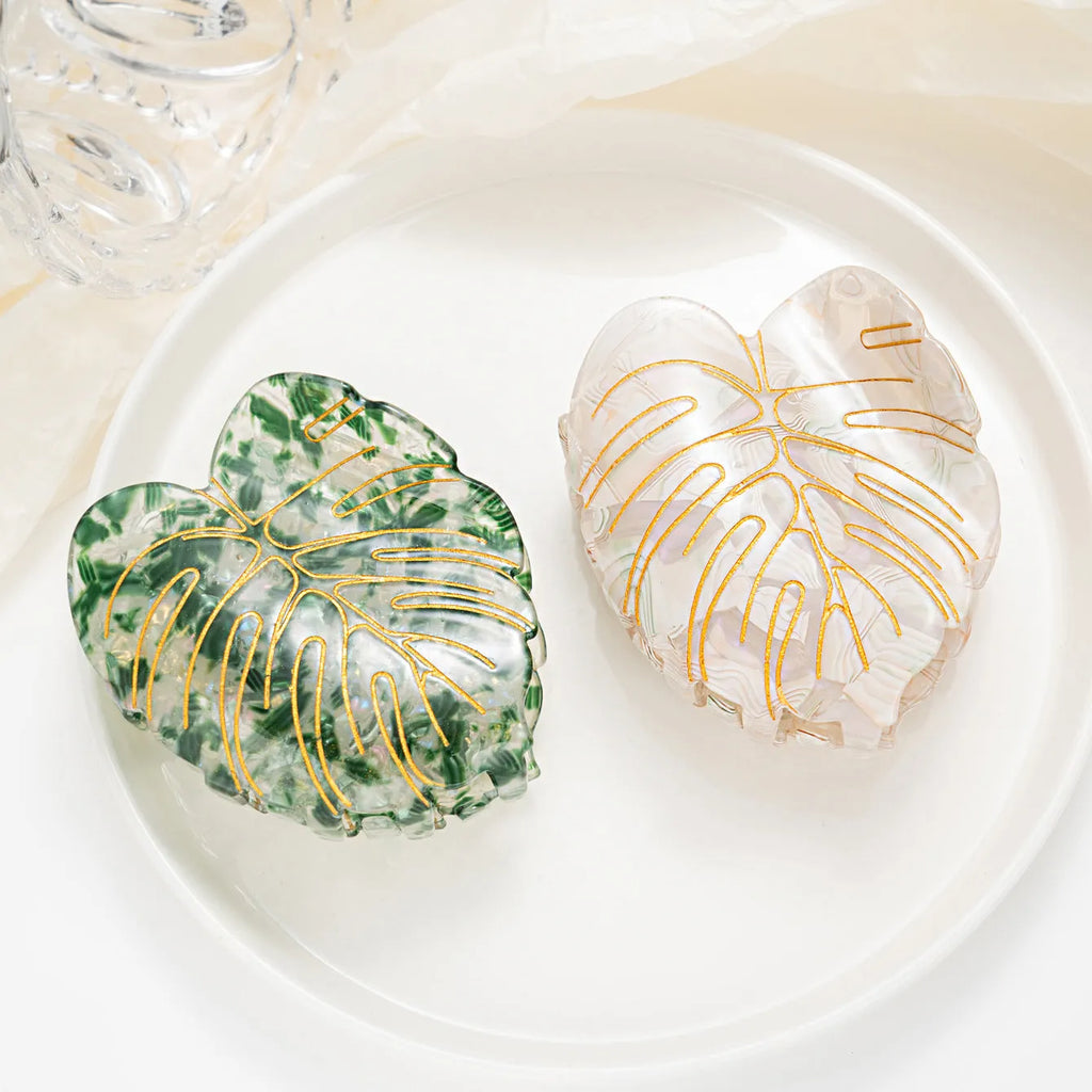 Mori style PVC hair clip with printed leaves pattern 8cm length green colour