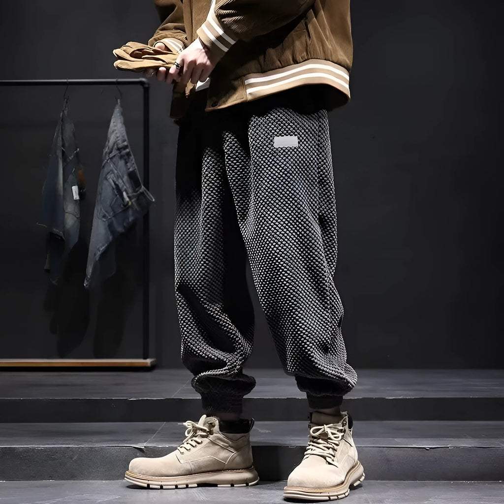 Men's grey casual sweatpants with ankle tie design and straight leg cut