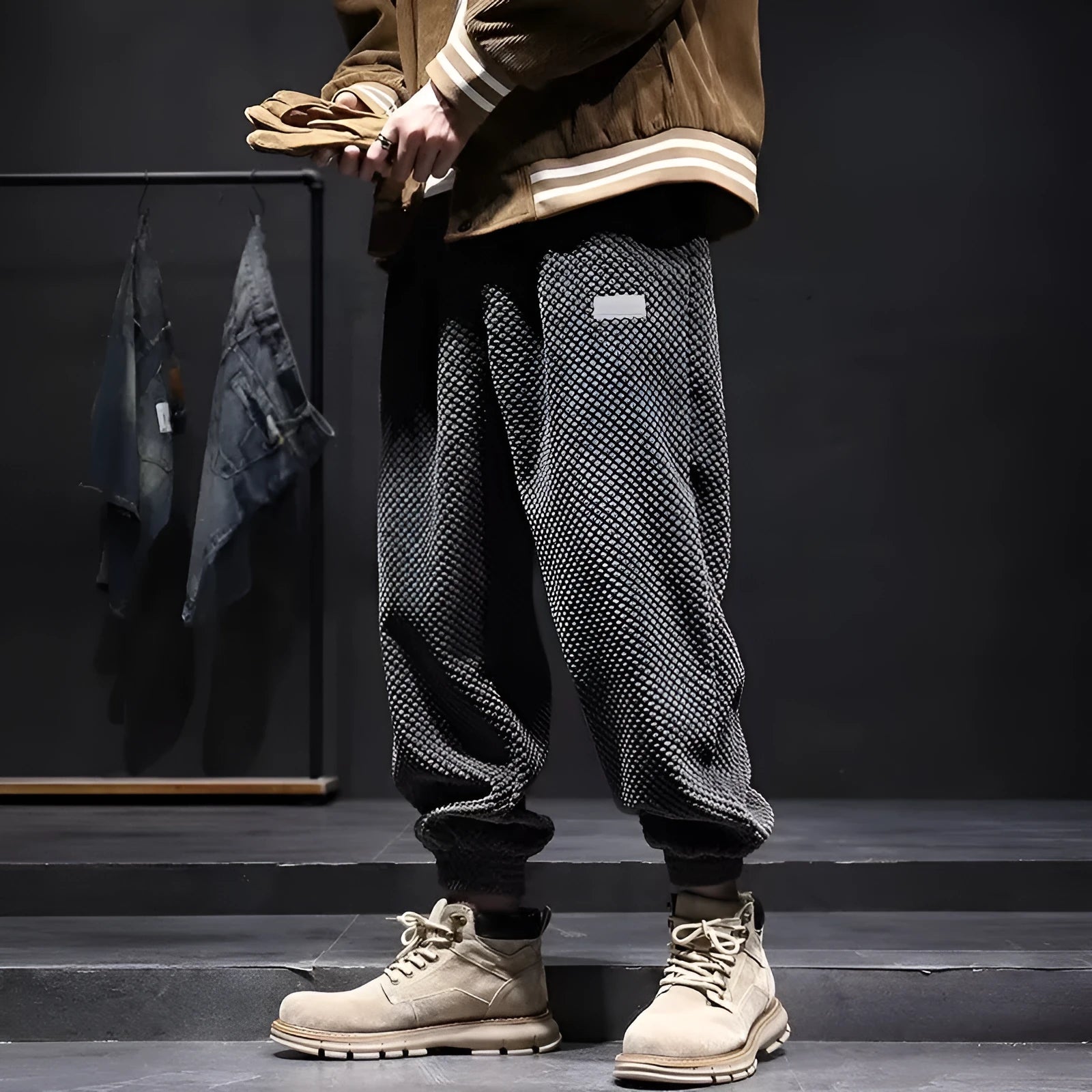 Men's grey casual sweatpants with ankle tie design and straight leg cut