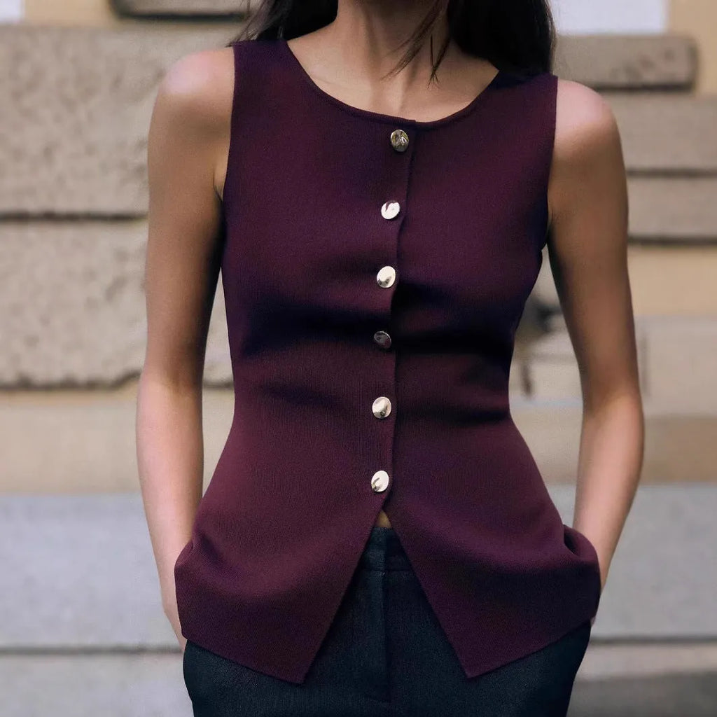 Dark red women's sleeveless vest cardigan with 3D pattern, slim fit viscose fibre construction