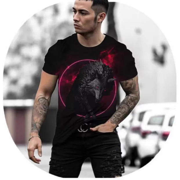 Men's short-sleeved T-shirt with retro 3D animal digital print on thin bird eye cloth polyester fabric
