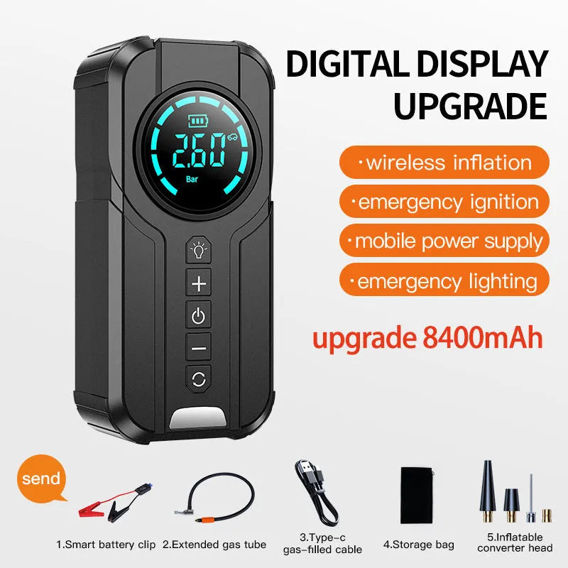 Universal 6000mAh wireless vehicle air pump with 3m cord and accessories in ABS casing