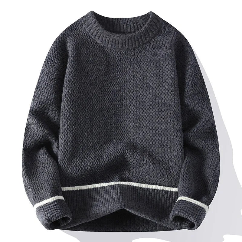 Men's loose fit round neck pullover sweater in polyester blend fabric for autumn casual wear