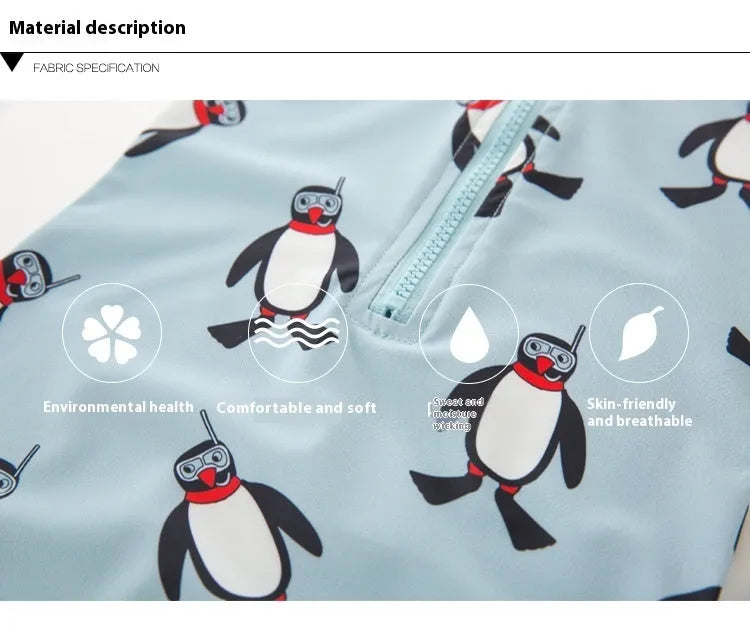 Boy's penguin print long sleeve one-piece swimsuit with matching swimming cap.