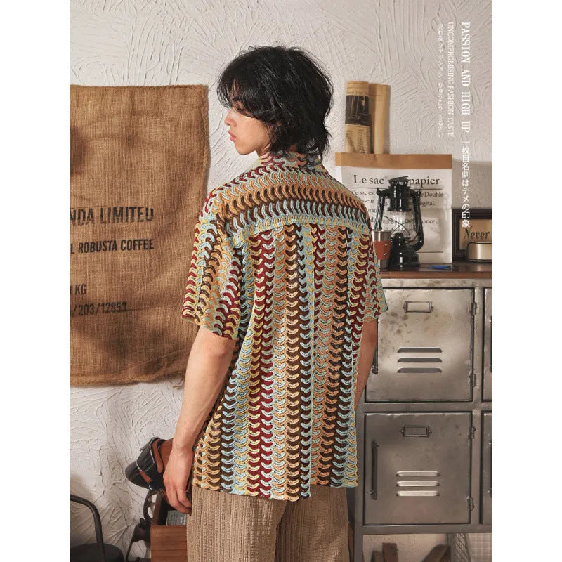 Grey plus size men's short sleeve shirt with Japanese Cuban collar and jacquard pattern